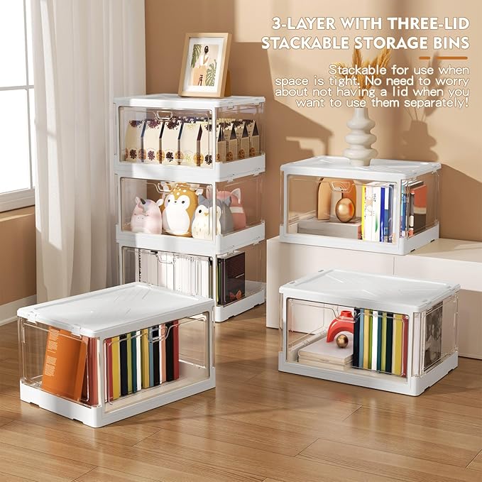 Kmiectse Clear Storage Bins with Lids 3 Pack 【Stackable & Sturdy】 | Plastic Multifunctional Folding Storage Bins for Bedroom, Living Room, Study,Room, 23 QT Folding Box with Magnetic Door - Image 3