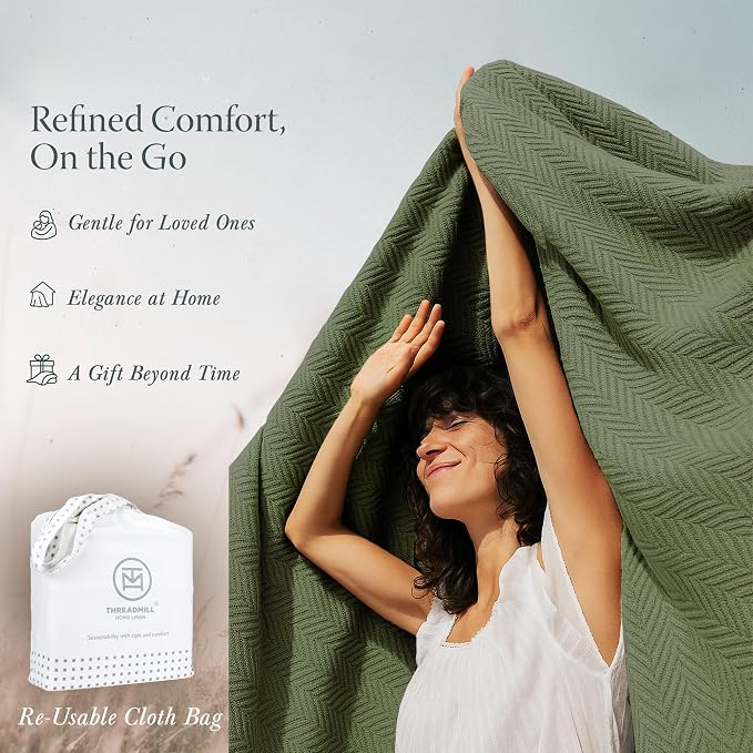 Threadmill Luxury Cotton Blankets for Queen Size Bed | All-Season 100% Cotton Queen Size Blanket | Herringbone Cozy, Soft Breathable Fall Thermal Blanket fits Full Size Bed | Olive - Image 7