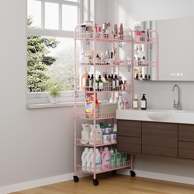 6 Tier Slim Rolling Storage Cart with Wheels, Metal Mobile Shelving Unit Organizer Utility Cart for Office Bathroom Kitchen Laundry Room Narrow Places (Pink 10 Inches) - Image 9