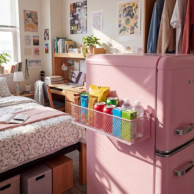 FoldTier 1 Pack Pink Magnetic Basket Dorm Mini Fridge Shelf Organizer Kitchen Storage Bin Container Spice Holder for Locker Refrigerator Pantry Dorm Essentials (13.8 x 3.1 x 4.9 Inch) - Image 6