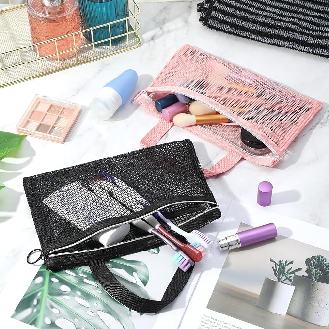 2 Pcs Toothbrush Pouch, Mini Travel Toiletry Bags for Men and Women Portable Square Mesh Storage Bags with Zipper Travel Accessories for Home Office Supplies (Pink and Black) - Image 5