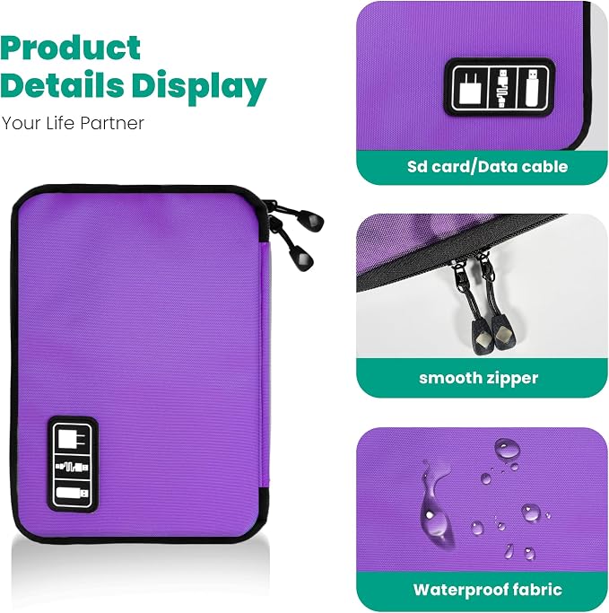 Cord Organizer Travel, Electronics Organizer Tech Pouch - Portable Cable Organizer Bag for Cords, Charger, Phone, SD Card, Power Bank for Travel & Daily Use -Purple Green - Image 5