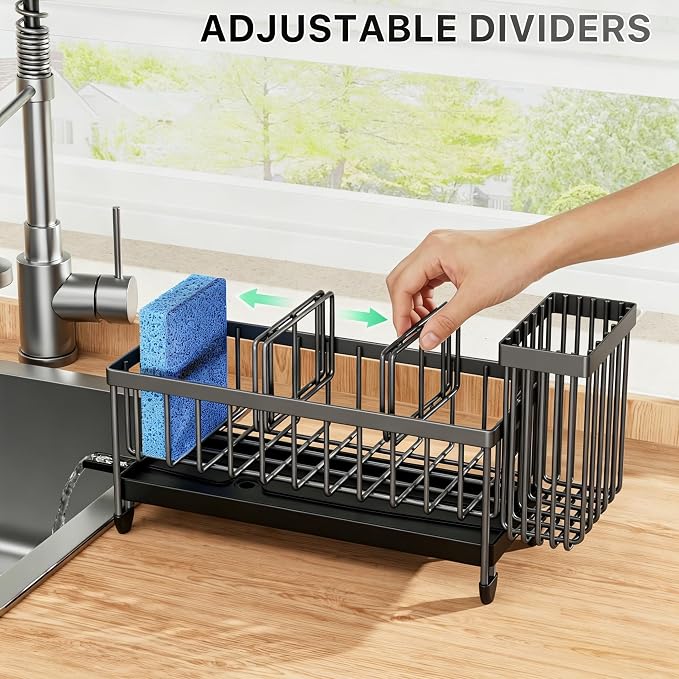 Cisily Sponge Holder for Kitchen Sink, Sink Caddy Organizer with High Brush Holder, Kitchen Countertop Organizers and Storage Essentials, Rustproof 304 Stainless Steel (Dark Grey, 9.25″) - Image 5