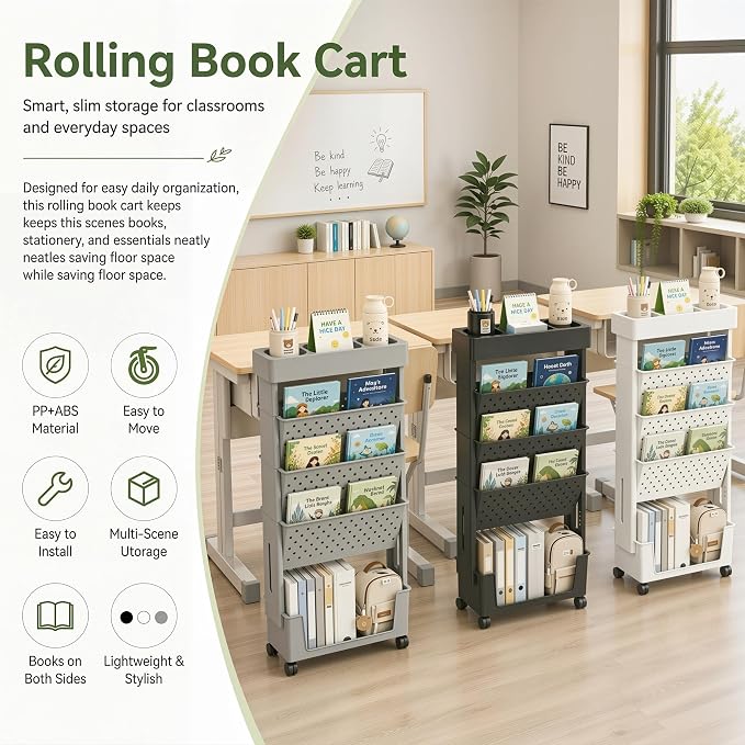 BYFU 5-Tier Rolling Bookshelf Cart, 30.7" H, Black | Movable with Wheels, File Paper Storage Organizer, For Home Office Study Classroom - Image 6