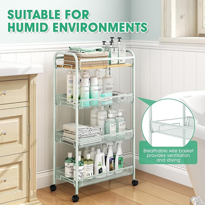 TOOLF 4-Tier Rolling Cart, Metal Utility Cart, Slide Out Storage Cart with Wooden Tabletop and Mesh Baskets for Narrow Space on Kitchen Bathroom Laundry Room Bedroom Apartments Dormitory (Green, Wide) - Image 5