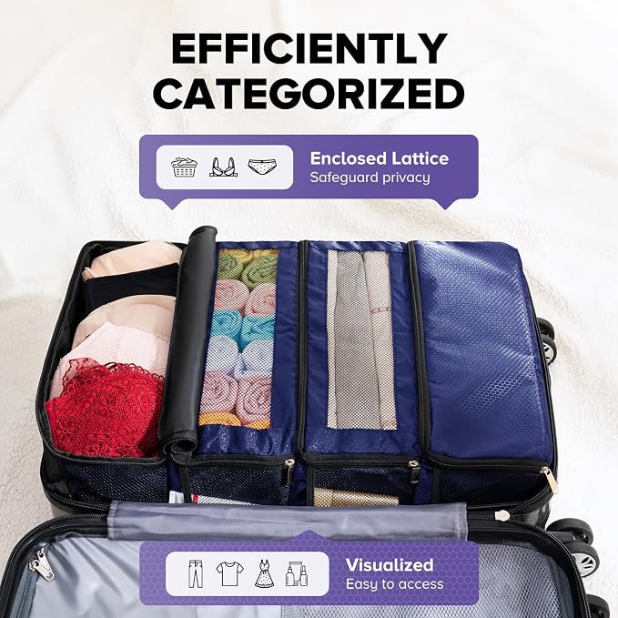 Vokelater Suitcase Organizer, Travel Luggage Organizer with Hanging Shelves & Packing Cubes - Collapsible & Portable for Carry-on, Large, Blue - Image 3