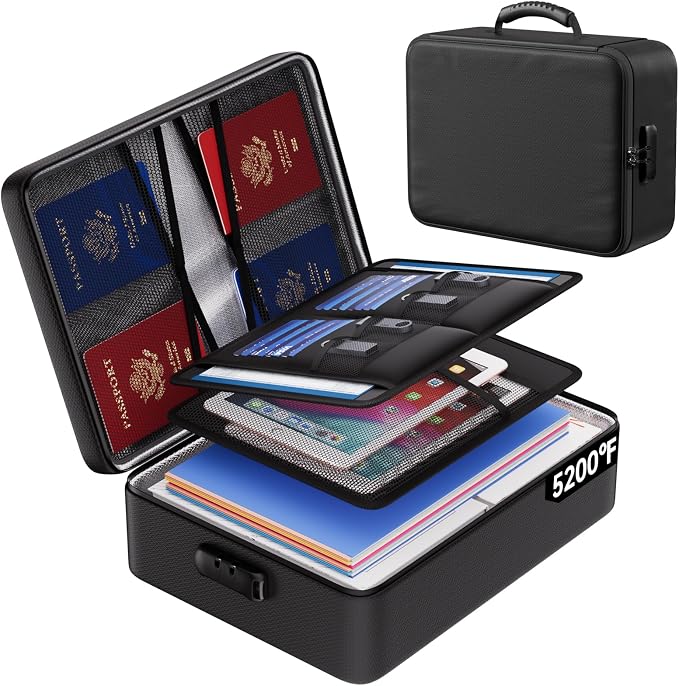 ENGPOW 5200°F Fireproof Document Bag with Lock,8 Layers Heat Insulated | Upgraded File Organizer Fireproof Box,Portable Home Travel Safe Storage for Important Documents,Passport,Laptop, Black(Soft) by ENGPOW