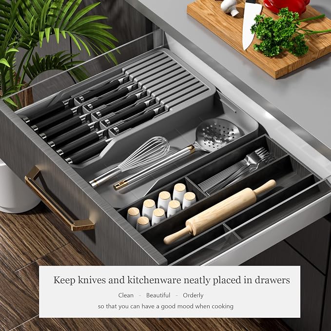 Expandable Drawer Knife Insert Organizer - Plastic Knife Storage Tray for Kitchen Drawers, Adjustable to Fit 11 Knives & Utensils, BPA-Free, Ventilated, Space-Saving, Easy to Clean - Image 4