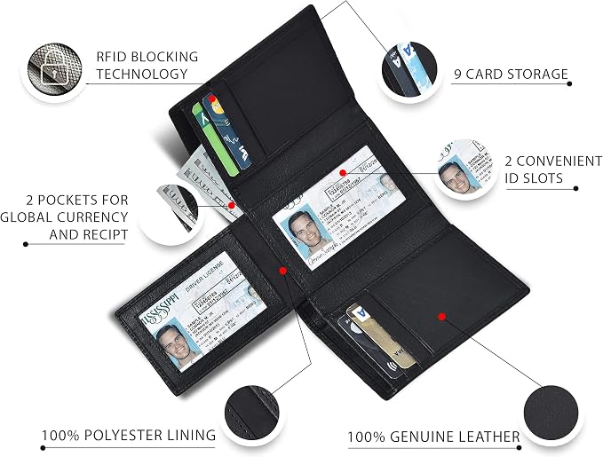 Real Leather Mens Trifold Wallet RFID Blocking Slim Minimalist Front Pocket - Thin & Stylish with ID Window in Gift Box - Image 2