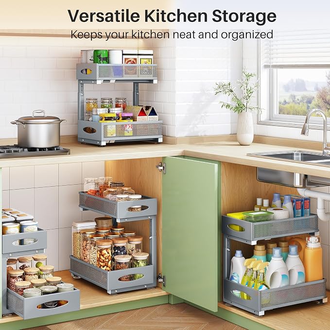 2 Pack Under Sink Organizer, 2 Tier Pull out Cabinet Organizer Mesh Baskets with 5 Adjustable Heights, Sliding Drawers Storage Shelf for Home, Kitchen, Bathroom, Pantry, Office, Countertop ,Grey - Image 8