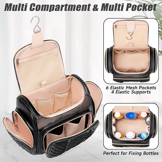 Large Leather Toiletry Bag for Women Men,Bathroom Bag,Water Resistant Shower Bag,Makeup Bag,Portable Shower Caddy for College Dorm,Hanging Travel Toiletry Bag with Transparent Waterproof Phone Pocket - Image 5