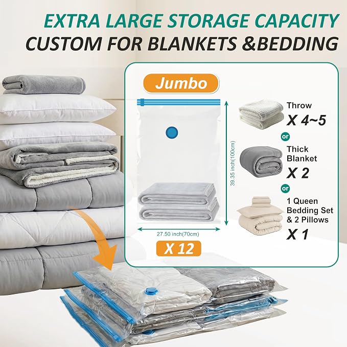Cozy Essential Vacuum Storage Bags, 80% Compression Vacuum Seal Space Saver Plastic Packaging Bags for Clothes, Blankets, Pillow, Bedding, Comforters, Sealer Clothing Storage,12 Jumbo - Image 3