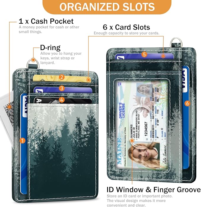 Yonlevres Forest Credit Card Holder Slim RFID Wallet Women Small Travel | Front Pocket, Handy, RFID Blocking, Woman Girls Ladies Gifts, D-ring for Keychain,Thin Mini Card Case, ID Window, PU Leather - Image 4