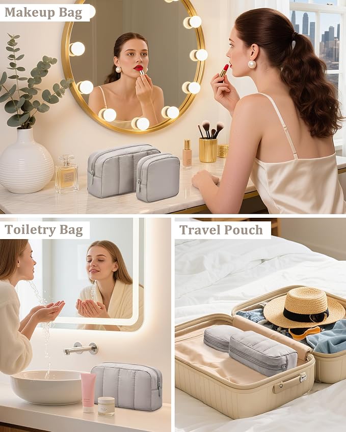 2 Pcs Makeup Bag Travel Toiletry Bag for Women Puffy Padded Cosmetic Pouch Purse Wide-open Makeup Organizer Case Travel Essentials - Image 6