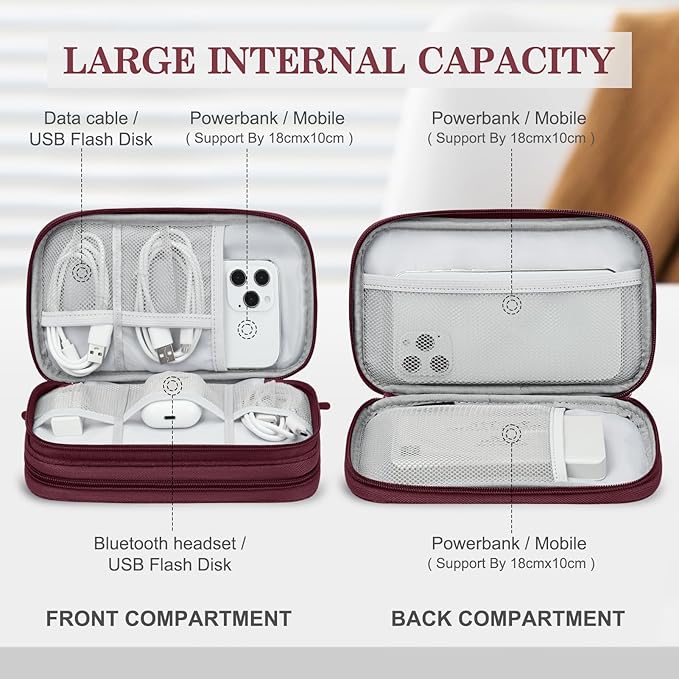 FYY Electronic Organizer, Travel Tech Pouch Bag, Medium, Wine Red | Wrist Strap, Waterproof, Double Layers Portable Electronics Travel Carrying Case for Cord, Charger, Daily Business Trips Use - Image 3