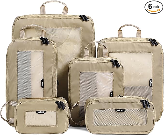 EPICKA TripCozy Compression Packing Cubes, 6 Set, Khaki | Durable Expandable Travel Organizer Bags with Mesh Tops for Space-Saving Storage of Clothes & Accessories in Luggage by EPICKA