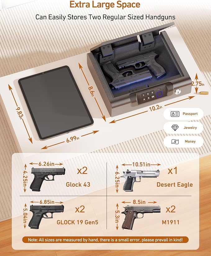 BILLCONCH Gun Safe,Biometric Fingerprint Gun Safe for Handgun Pistol Safes | Fingerprint PIN Key Unlock, Interior Light and USB Charging Lock box with Silent Mode for Bedroom Nightstand - Image 5