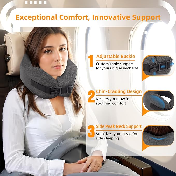 Neck Pillow Airplane Travel Set - Pure Memory Foam Travel Neck Pillow, Plane Pillow for Long Flights Essentials, Sleeping with 3D Contoured Eye Mask, Earplugs, Portable Bag (DeepGray) - Image 2