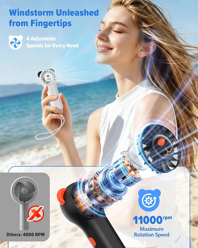 Portable Handheld Fan, Cute Bear Mini Fan with 11000 RPM High Speed, Rechargeable Personal Fan with 4 Speeds, Pocket Small Fan for Travel, Makeup, Lash, Gifts for Women Girl - 2 Pack - Image 3