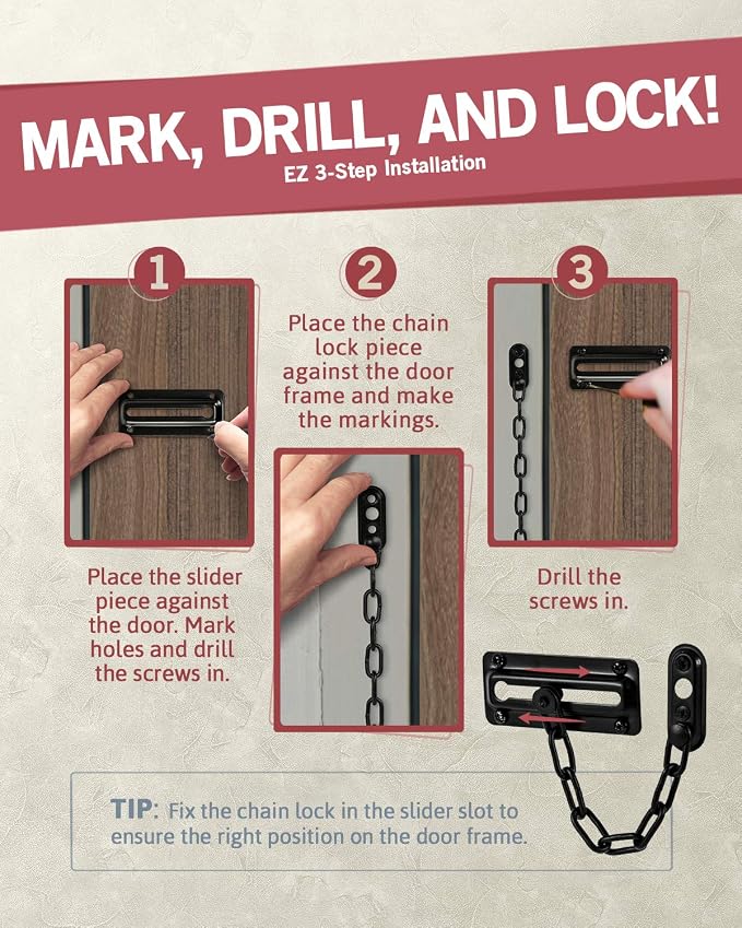 Jack N'Drill 2 Pack Door Chain Lock, 100% Child Proof Safety Chain Door Lock, Sturdy & Rust-Resistant Steel, Heavy Duty Chain Locks for Inside Door and Extra Front Door Lock (Black) - Image 4