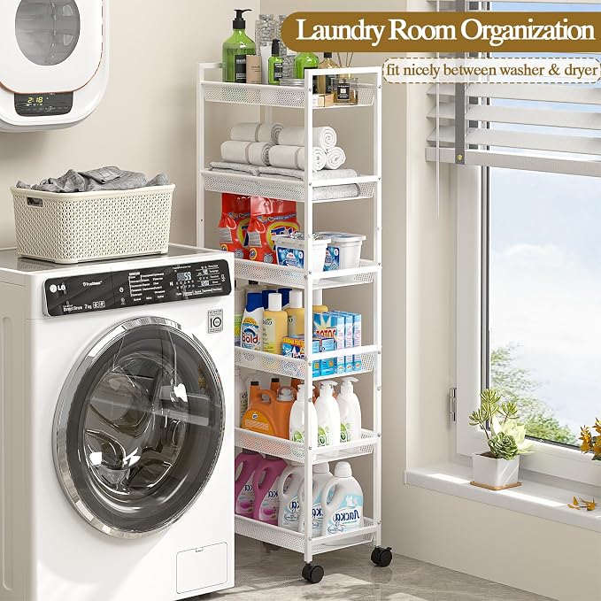 6 Tier Slim Rolling Storage Cart, Narrow Mobile Shelving Unit Organizer Utility Cart with Wheels, Metal Wire Storage Rack with Baskets for Kitchen, Bathroom, Laundry & Living Room, 10in(W) White - Image 5
