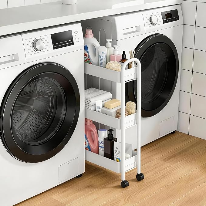 Slim Rolling Cart, Metal Frame Utility Rolling 3-Tier Narrow Storage Cart | Kitchen Storage Organizer, Mobile Shelving Unit for Bathroom Kitchen - Image 5
