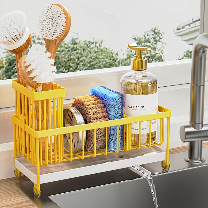Cisily Sponge Holder for Kitchen Sink, Sink Caddy Organizer with High Brush Holder, Kitchen Countertop Organizers and Storage Essentials, Rustproof 304 Stainless Steel (Yellow, 9.25″) by CISILYHOMELIFE