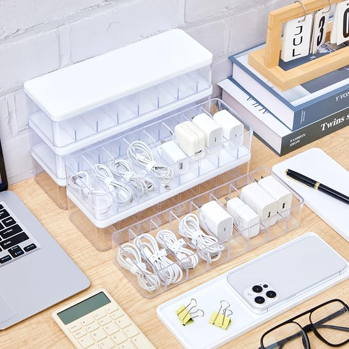 Tatuo 6 Pcs Cord Organizer for Drawer Desktop, Cable Organizer Box with 8 Compartments and Wire Ties, Plastic Charger Storage with Lid, Electronics Case for Home Office Accessories (Small,Clear,White) - Image 5