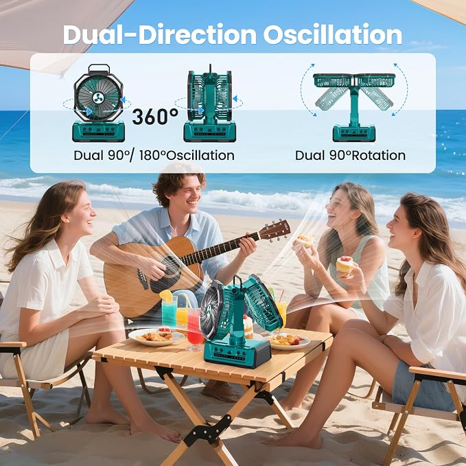 Dual Head Portable Rechargeable Fan 20000mAh Battery Powered Fan Camping Cordless with 360° Air Delivery, LED Lantern & Remote, Auto Oscillation, Battery Operated for Tent Office Travel Picnic Jobsite - Image 5