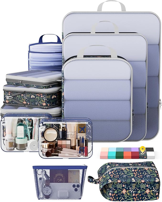 Veken 11 Set Compression Seting Cubes Garment Bags for Travel Essentials,Compressible Expandable Luggage Organizer Bags for Clothing,Space Saver Bags with Over 99 pcs of Mesh Holes(Dark Blue Floral) by Veken