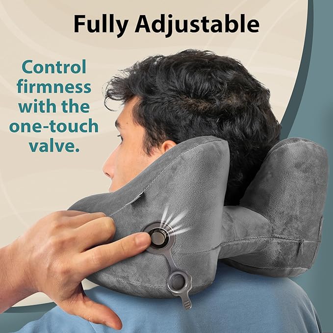 FLOWZOOM Air Inflatable Neck Pillow for Traveling on Plane - H-Shape Hooded Travel Pillow with 5 Snooze Modes, Fast Inflation, Pressure Control, Cozy Clip-On Hood & Plushy Cover - Size L, Silver Gray - Image 3