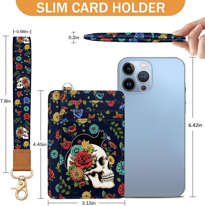 Yonlevres Skull Cat Credit Card Holder Slim RFID Wallet Women Wristlet Gift | Front Pocket, Handy, RFID Blocking, Woman Girls Ladies Gifts, D-ring for Keychain,Thin Mini Card Case, ID Window, PU Leather - Image 6