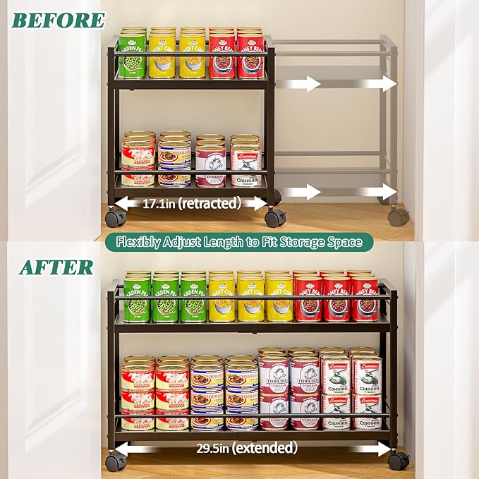 2-Tier Expandable Rolling Pantry Cart with Wheels, Adjustable Floor Organizer for Kitchen Pantry, Can Organizer for Pantry, Storage Cart for Snack, Food, Vegetables, Black, Patent Pending - Image 5