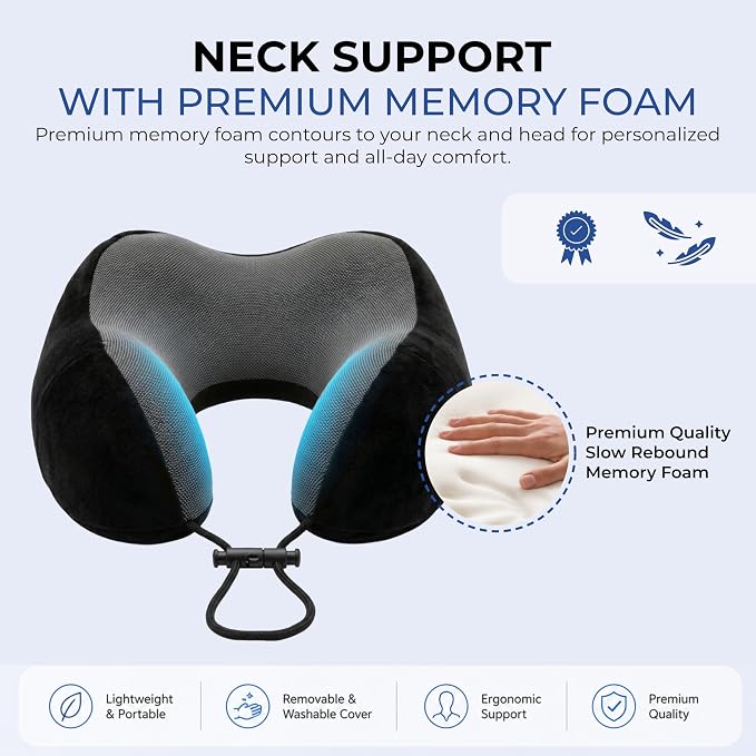 Travel Neck Pillow, Premium Memory Foam, Travel Pillow for Flights, Neck Pillow for Travelling, Ergonomic Neck Support Cushion, Lightweight & Washable Cover (Black - U-Shape) - Image 4