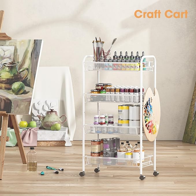 TOOLF 4 Tier Rolling Cart, Metal Utility Storage Cart with Wheels, White | 3 Hooks, Screwless Assembly, Trolley Organizer for Bathroom, Kitchen, Office, Nursery, Dorm, Laundry Room - Image 9