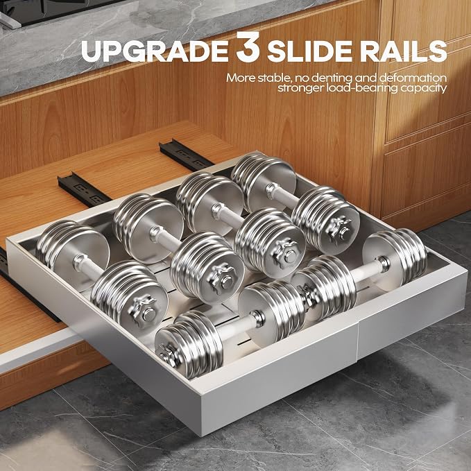 Seinloes 4 Pack Expandable Pull Out Cabinet Organizer 21"Deep With Raising Pad for Framed Cabinets,Slide Out Drawers With 4pcs Divider Racks,No Drill Roll Out Shelf,Adjustable Width 12.05"-20.4"Silver - Image 5