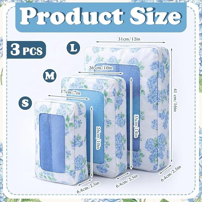 Shinylin 3 Pack Compression Packing Cubes for Travel 3 Size Clothing Bags with Mesh Window for Travel Home Underwear Clothes Accessories Organization Women (Blue Floral) - Image 2