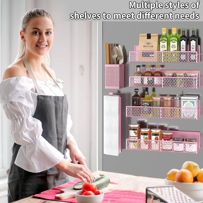 Magnetic Spice Rack for Refrigerator, 6 Pack Metal Magnetic Shelf Pink, Moveable Spice Organizer, Strong Magnetic Storage Fridge Organizer with Paper Towel Holder, Utensils Holder - Image 6