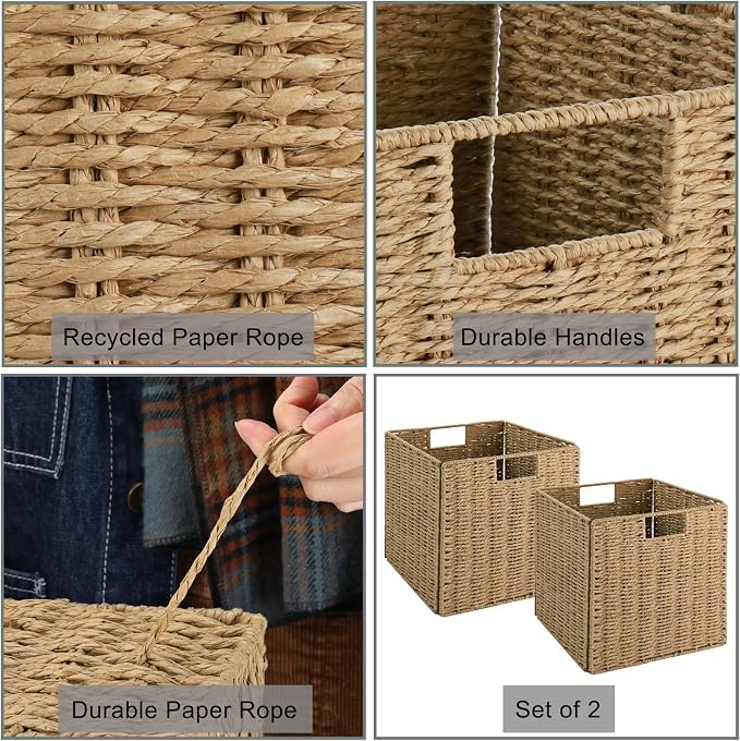 Wicker Baskets, Set of 2 Hand-Woven Storage Baskets for Shelves with Handles, Foldable Cube Wicker Storage Basket Bins Organizer 13 Inches Large Woven Baskets for Storage Organizing & Decor - Image 6