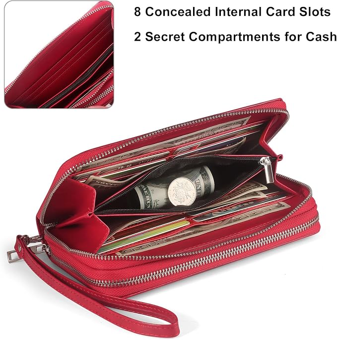 Women’s Wallet for Cell Phone Anti Theft Wristlet Bag with Strap RFID Blocking Double Zipper, Red - Image 4