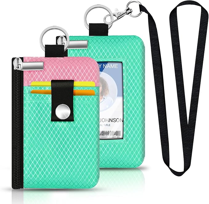 Minimalist RFID Blocking Small Wallet with ID Window,WaterResistant Zip Id Case Wallet with Lanyard Keychain for Cards,Cash,Travel,Women,Men (Mint Green/Pink) - Image 6