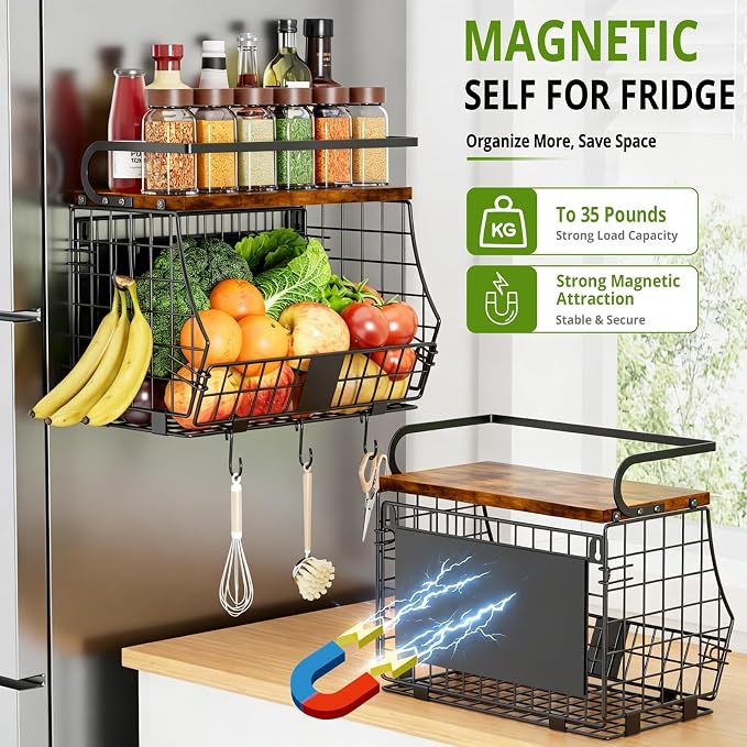 Magnetic Shelf for Fridge with Wood Top & Produce Basket – 2-in-1 Magnetic Spice Rack for Refrigerator – Space-Saving Kitchen Organizer for Fruits, Potatoes, and Onions (with Hooks) - Image 2