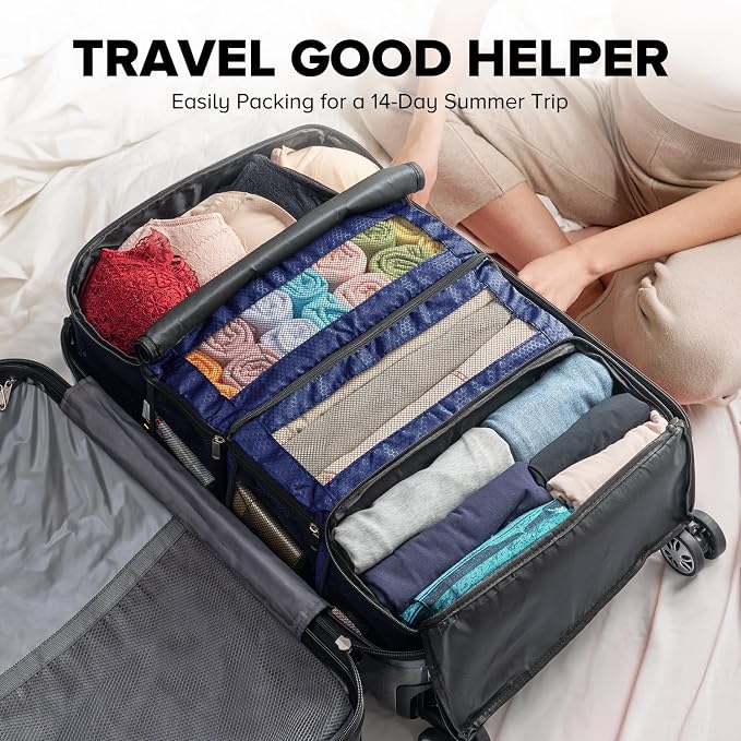 Vokelater Suitcase Organizer, Travel Luggage Organizer with Hanging Shelves & Packing Cubes - Collapsible & Portable for Carry-on, Large, Blue - Image 5