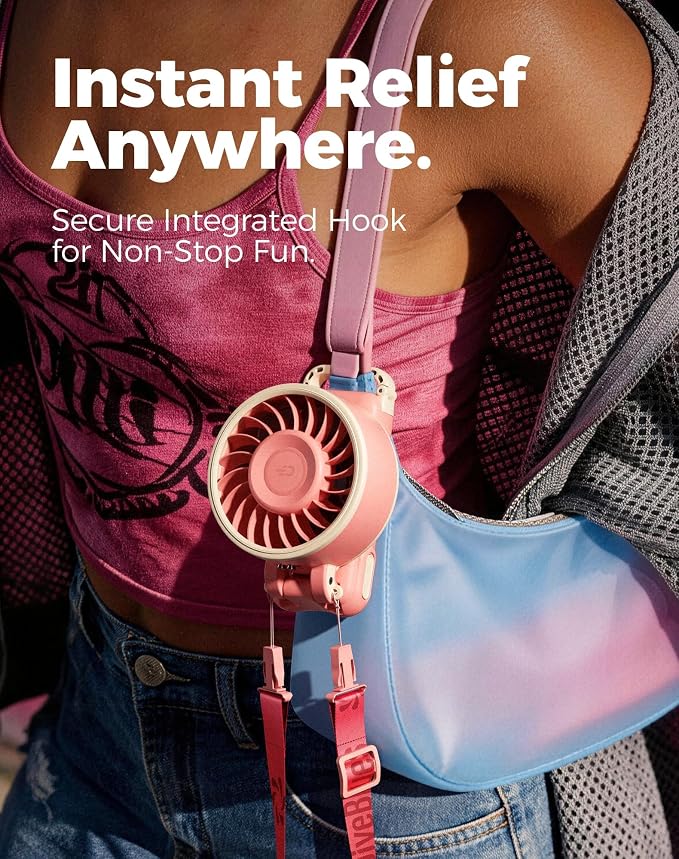 Diveblues Portable Turbo Fan, Pink Travel Fan, Wearable Neck Fan | Small High Speed Handheld, 180° Foldable 4-in-1, Personal Neck Fan with Carabiner Clip, 100 Speed Stepless Control - Image 4