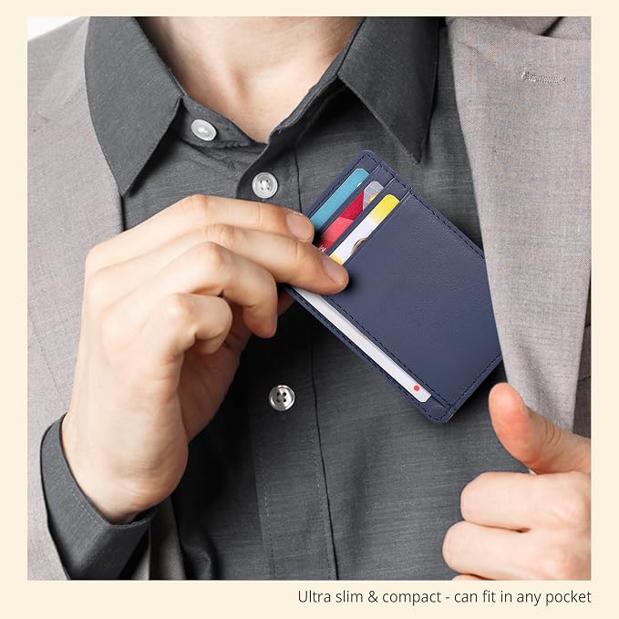Nappa Navy Leather Slim Minimalist RFID Blocking Front Pocket Wallet, Card - Image 6