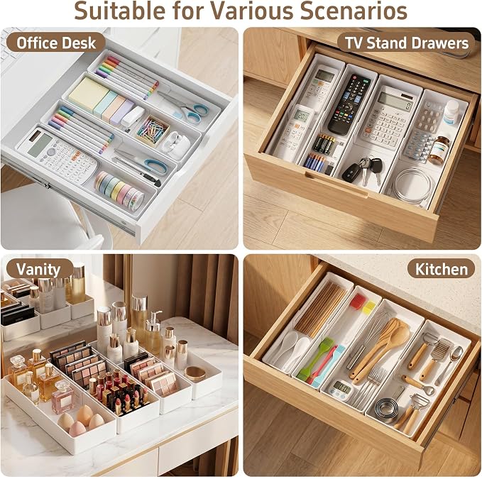 PAVSTINE 4-Pack Expandable Drawer Organizer for Makeup, 2M & 2S | Adjustable 9.45"–16.69", Customizable Compartments, 2-Size Storage Tray for Kitchen, Bathroom, Vanity & Office - Image 4
