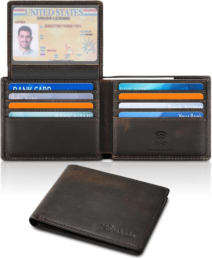 Travelambo Genuine Leather Wallet for Men with Gift Box - Handmade Bifold Stylish - Mens Wallets Rfid Blocking with 2 ID Windows - Image 8