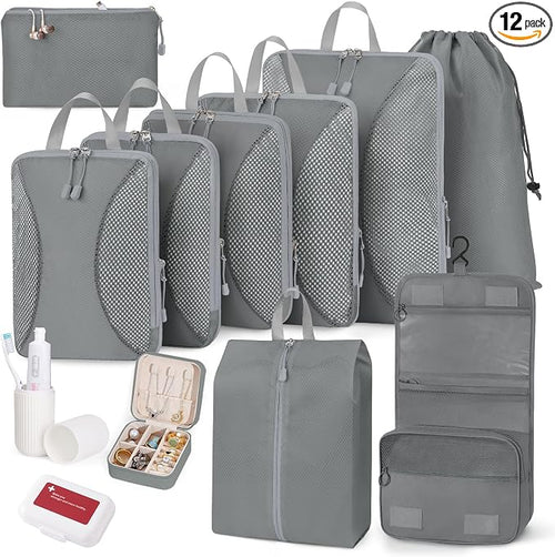12 Set Compression Packing Cubes, Expandable Suitcase Organizers for Travel Accessories, Lightweight Luggage Organizer Bags, Gray by Unknown