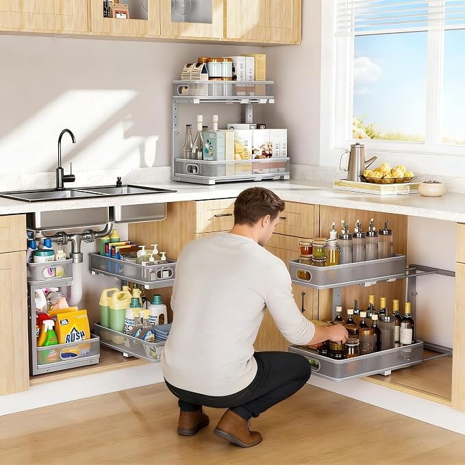 Under Sink Organizer 2 Pack, High Adjustable 2 Tier Under Sink Organizers and Storage, Slide out Metal Cabinet Organizers, Pull out Storage Drawer Shelf for Kitchen Bathroom Cabinet (Gray) - Image 6