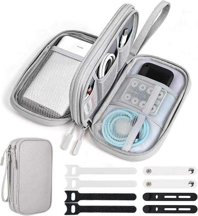 Double Layer Cable Organizer Bag for 3ft+ Cords Light Gray | Water-resistant Oxford pouch with padded lining and 8 compartments. Keeps chargers and power banks compact and organized. by Woyinger